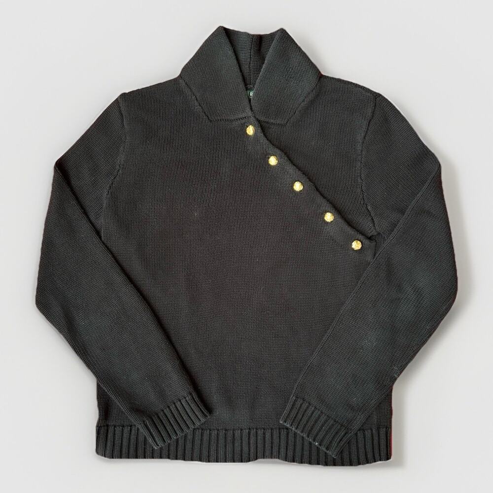 VTG 90's Lauren Ralph Lauren Sweater Womens Med Black Asymmetric Button Collar
